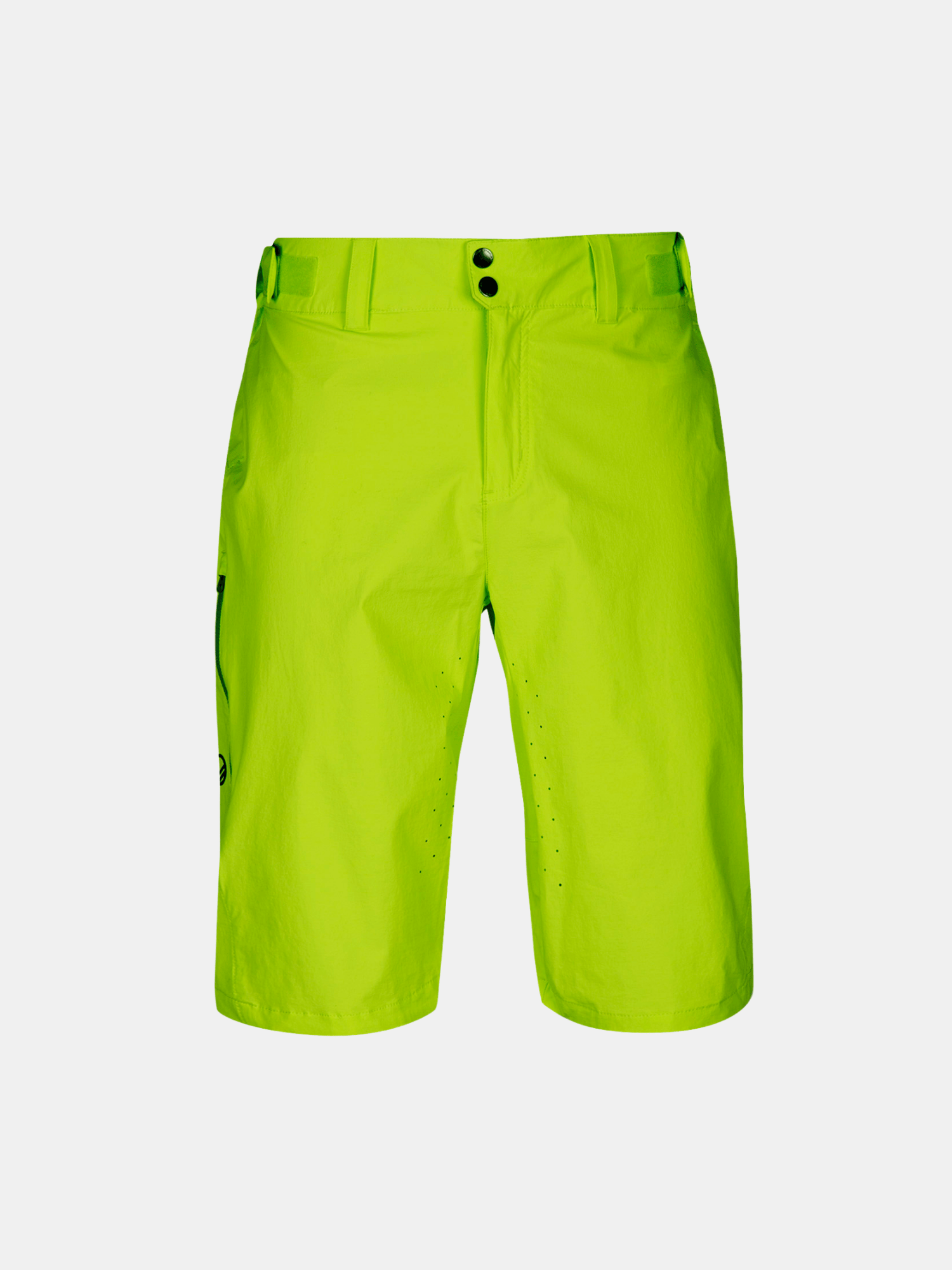 Halti Tracks Herren X-Stretch-Shorts in Neongrün mit verstellbarer Taille, Gürtelschlaufen, zwei Knöpfen und Reißverschluss.