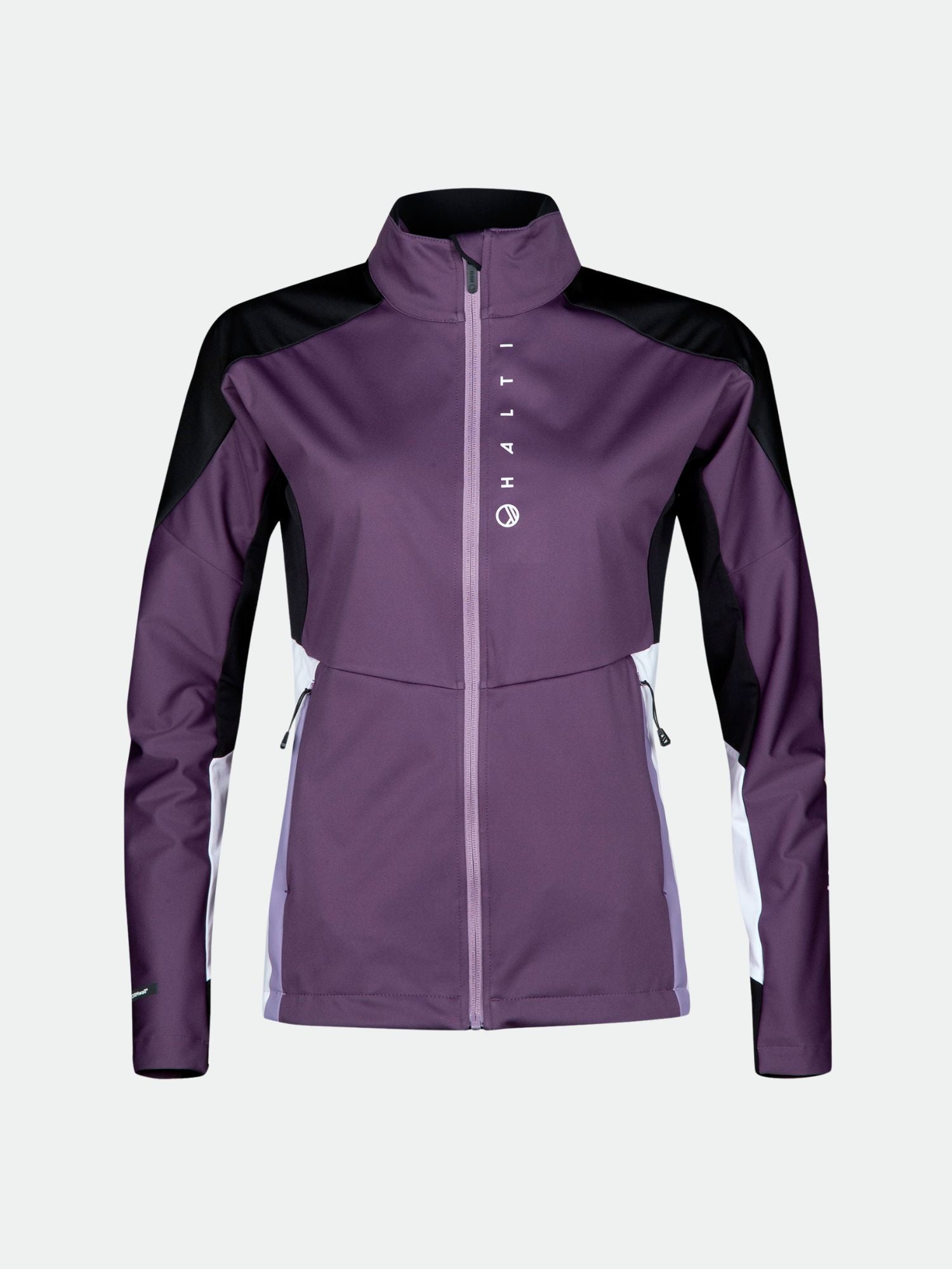 Die Halti Veloce Langlaufjacke Damen ist lila/schwarz mit weißen Akzenten und atmungsaktivem Stormwall® Stretchmaterial.
