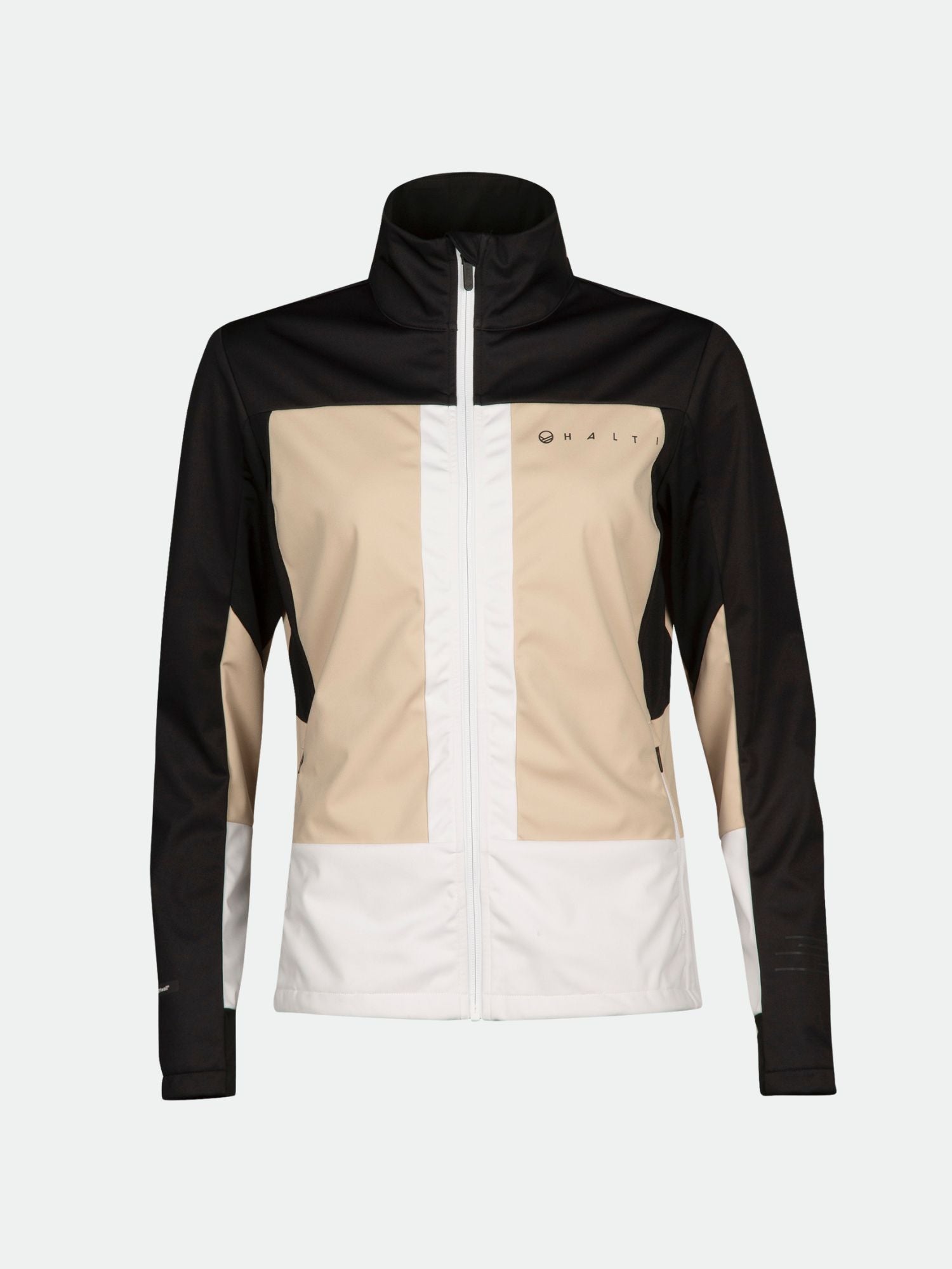 Die Halti Vinha Langlaufjacke Damen ist winddicht, farblich abgesetzt mit schwarzen Ärmeln, beiger Front und weißen Akzenten.