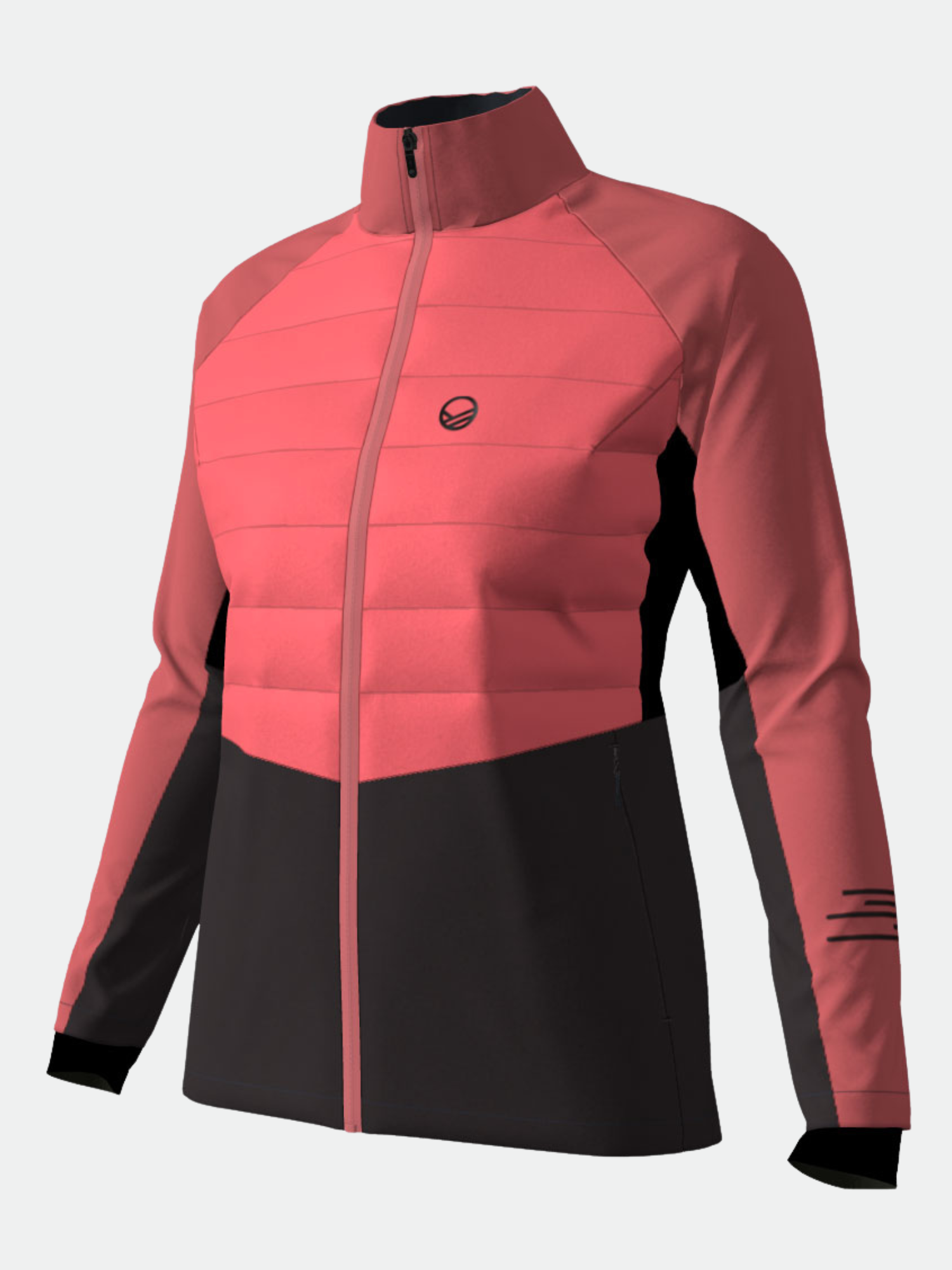 Die Halti Vinha Hybrid Langlaufjacke Damen hat ein rosa Oberteil, ein schwarzes Unterteil, einen Reißverschluss vorne und ein dezentes Brustlogo.