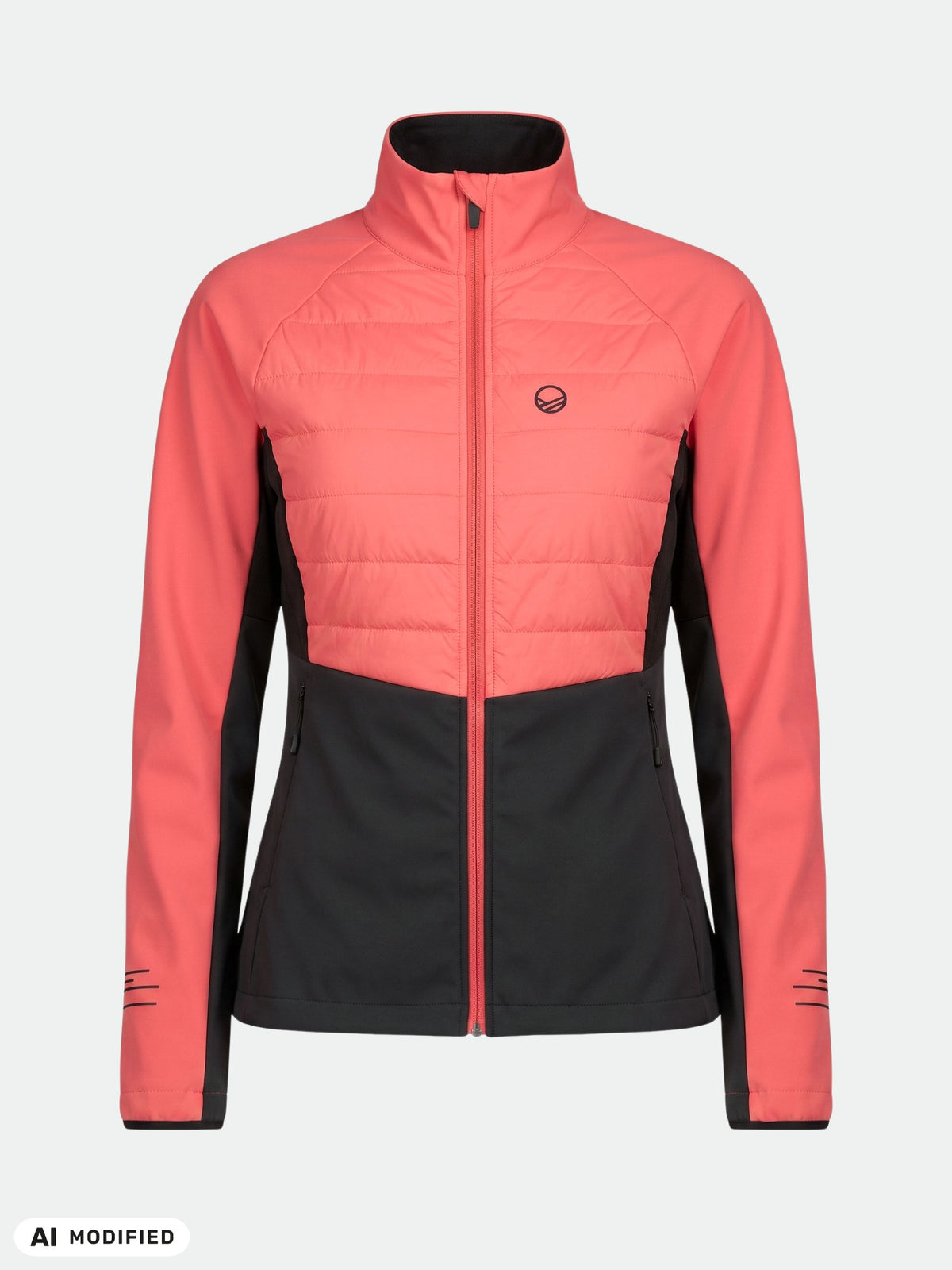 Halti Vinha Hybrid-Langlaufjacke für Damen in Korallenrosa und Schwarz, mit langen Ärmeln, Stehkragen und Logo auf der Brust.