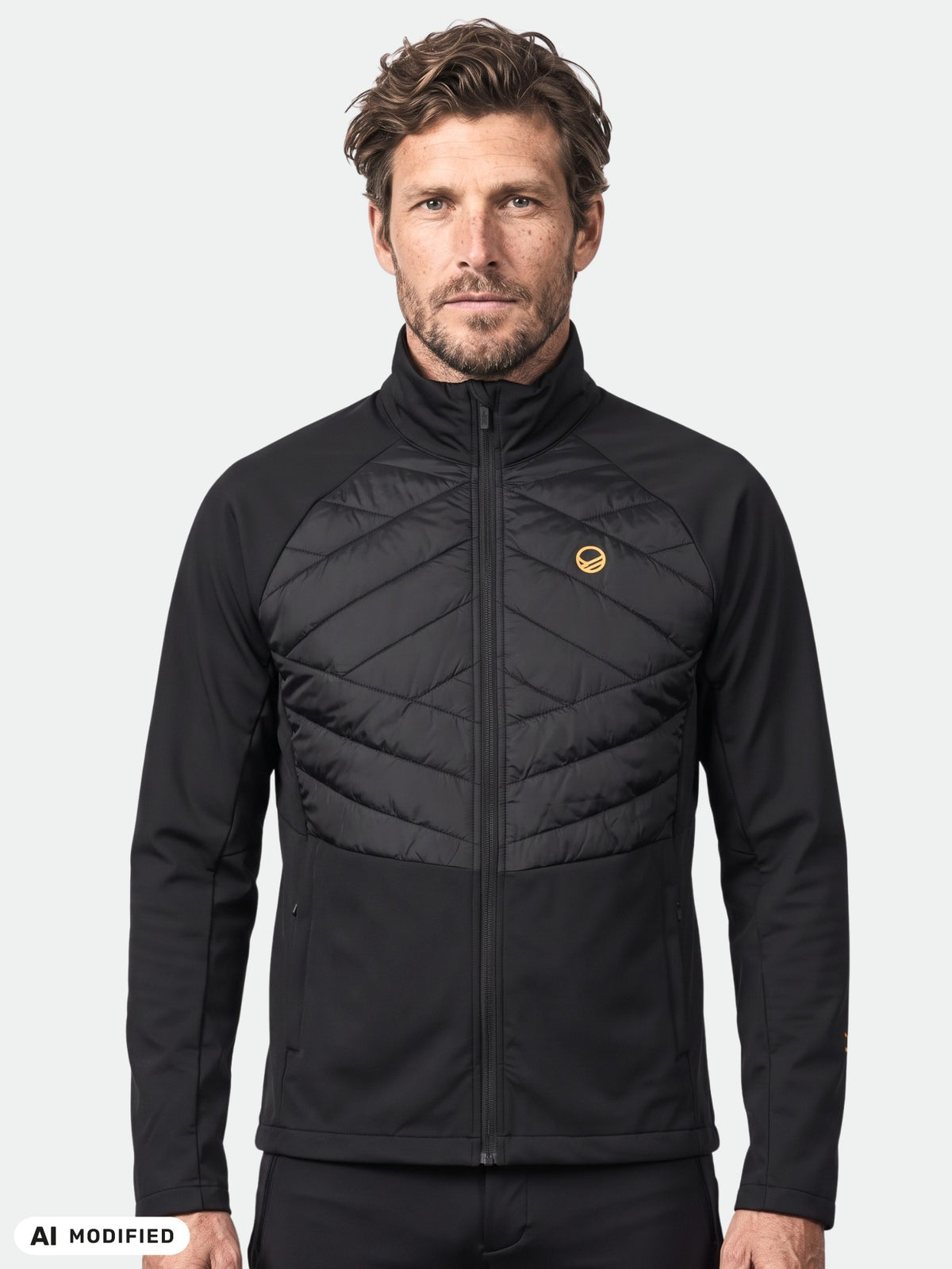 Ein Mann, der eine schwarze Halti Vinha Hybrid-Langlaufjacke mit gesteppten Einsätzen und einem gelben Logo auf der linken Brust trägt.
