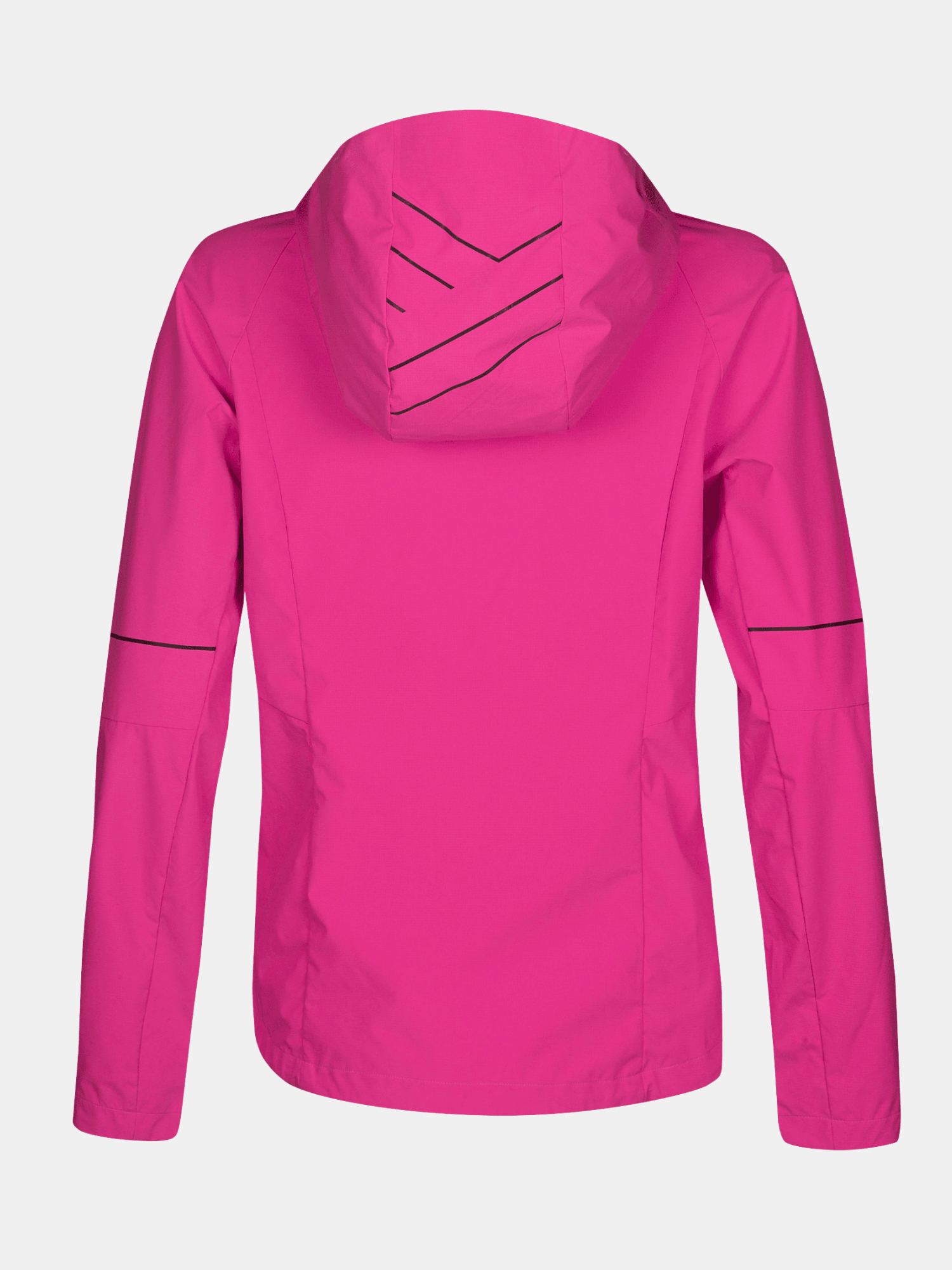 Die Halti Shelter Stormwall 3L Jacke Damen in leuchtendem Pink wird von hinten mit schwarzer Kapuze und Ärmelsäumen gezeigt.