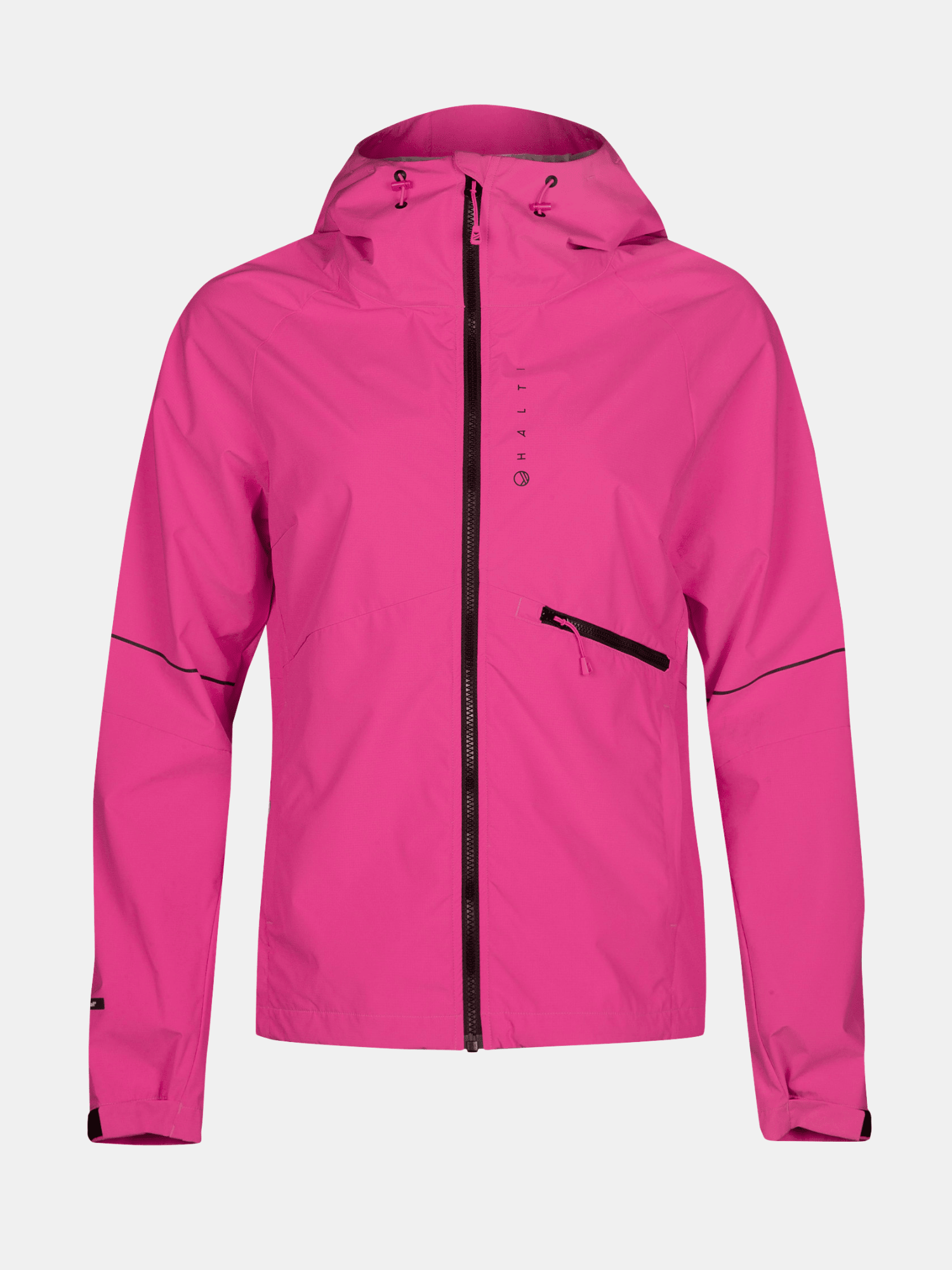 Die Halti Shelter Stormwall 3L Jacke Damen: atmungsaktiv, pink, mit Kapuze, Frontreißverschluss und Brusttasche.