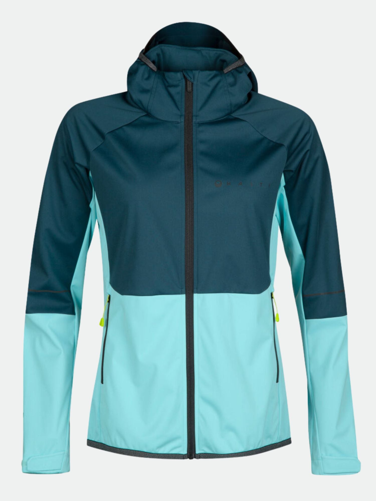 Halti Exhale Stormwall Jacke Damen in teal/hellblau mit Frontreißverschluss, Reißverschlusstaschen und reflektierenden Details.