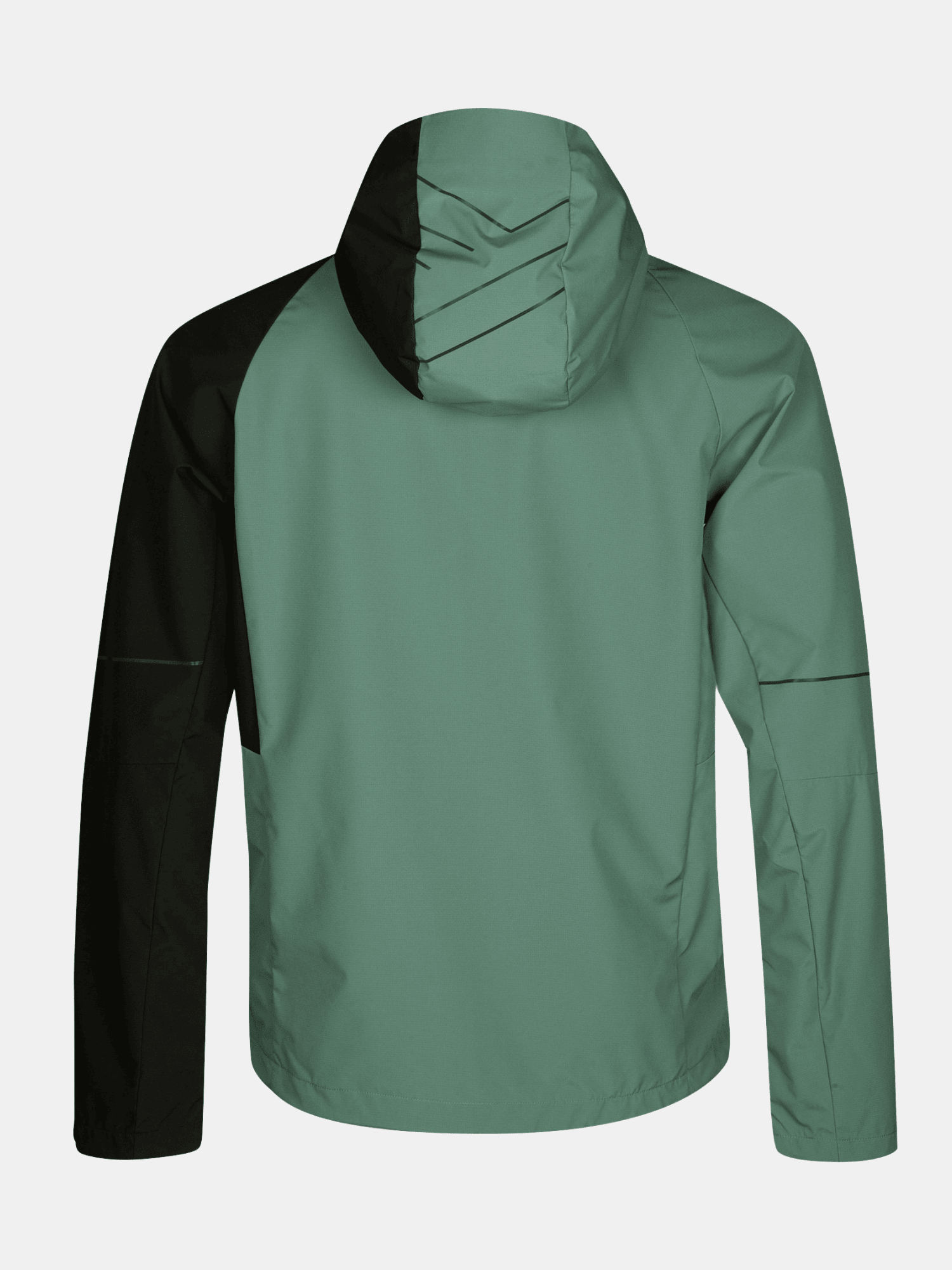 Die Halti Shelter Stormwall 3L Jacke Herren in Grün/Schwarz mit Kapuze, von hinten auf weißem Hintergrund abgebildet.