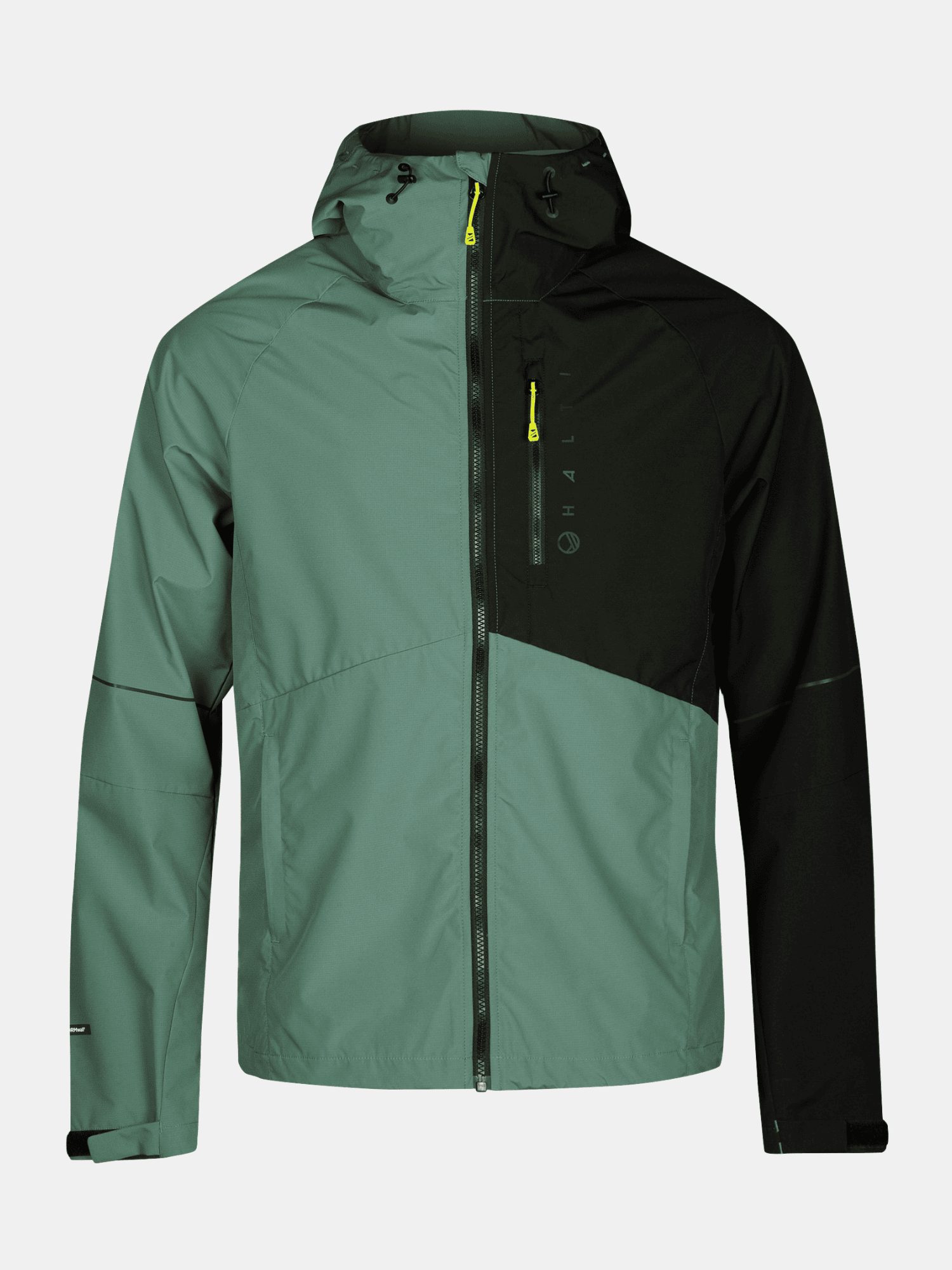 Die Halti Shelter Stormwall 3L Jacke Herren ist zweifarbig grün/schwarz mit Ripstop-Gewebe, Brusttasche und gelbem Aufreißer.