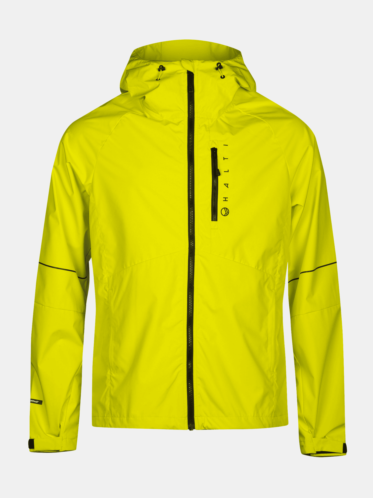 Die Halti Shelter Stormwall 3L Jacke Herren ist eine leuchtend gelbe Herrenjacke mit schwarzen Reißverschlüssen und dezenten Logodetails.