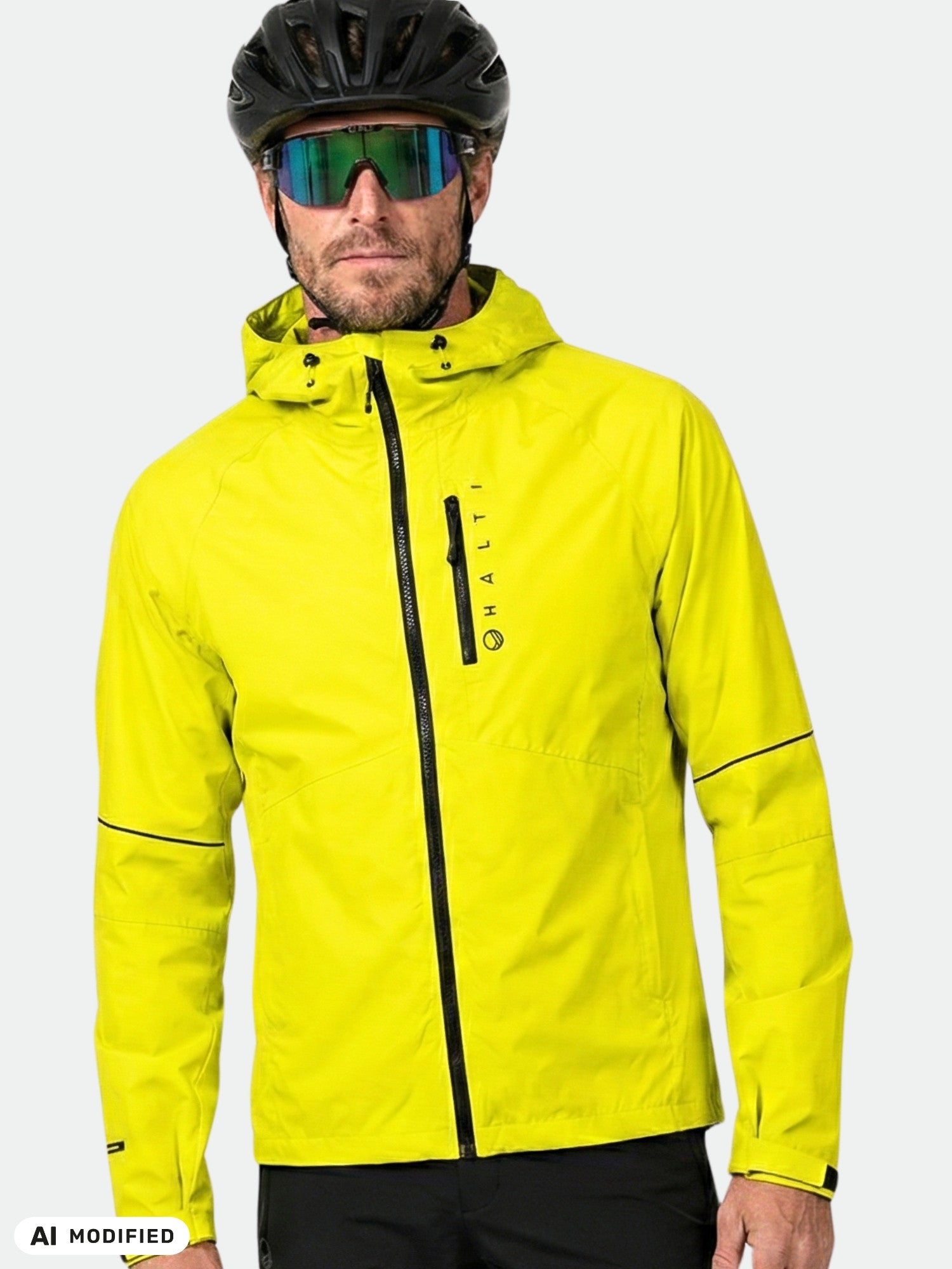 Ein Mann in einer leuchtend gelben Halti Shelter Stormwall 3L-Jacke und einem Helm mit Sonnenbrille steht mit dem Blick nach vorne.