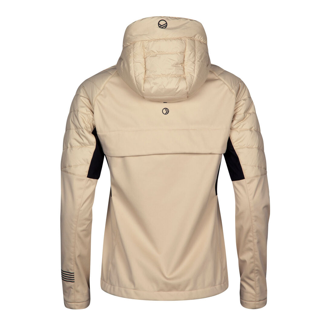 Die Halti Hanki XCT Jacke Damen Plus ist beige mit schwarzen Akzenten, Logo auf Kapuze und Rücken, isoliert mit Microtherm®-Watte.