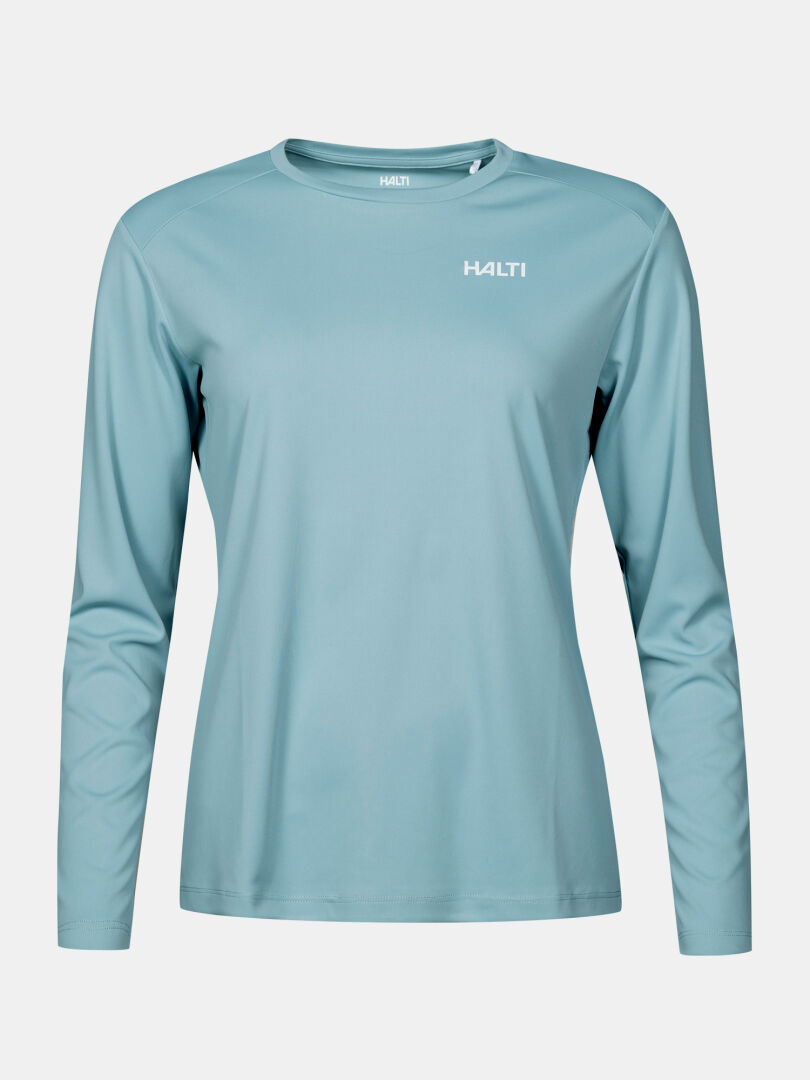 Hellblaues Salves Trainingsshirt Damen von Halti, atmungsaktiv mit Rundhalsausschnitt und Logo, abgebildet auf einem unifarbenen Hintergrund.