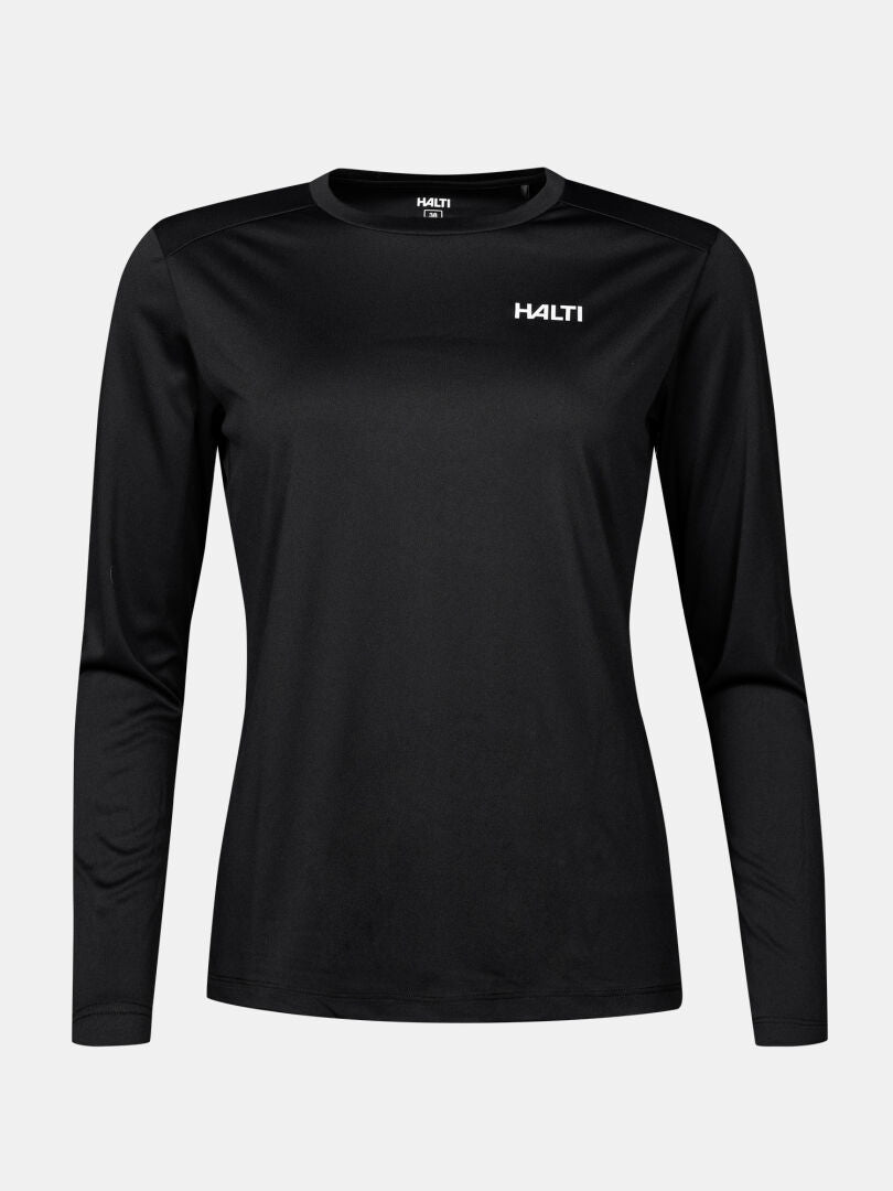 Ein schwarzes Salves Trainingsshirt Damen von Halti, atmungsaktiv mit Rundhalsausschnitt und Logo auf der linken Brust.