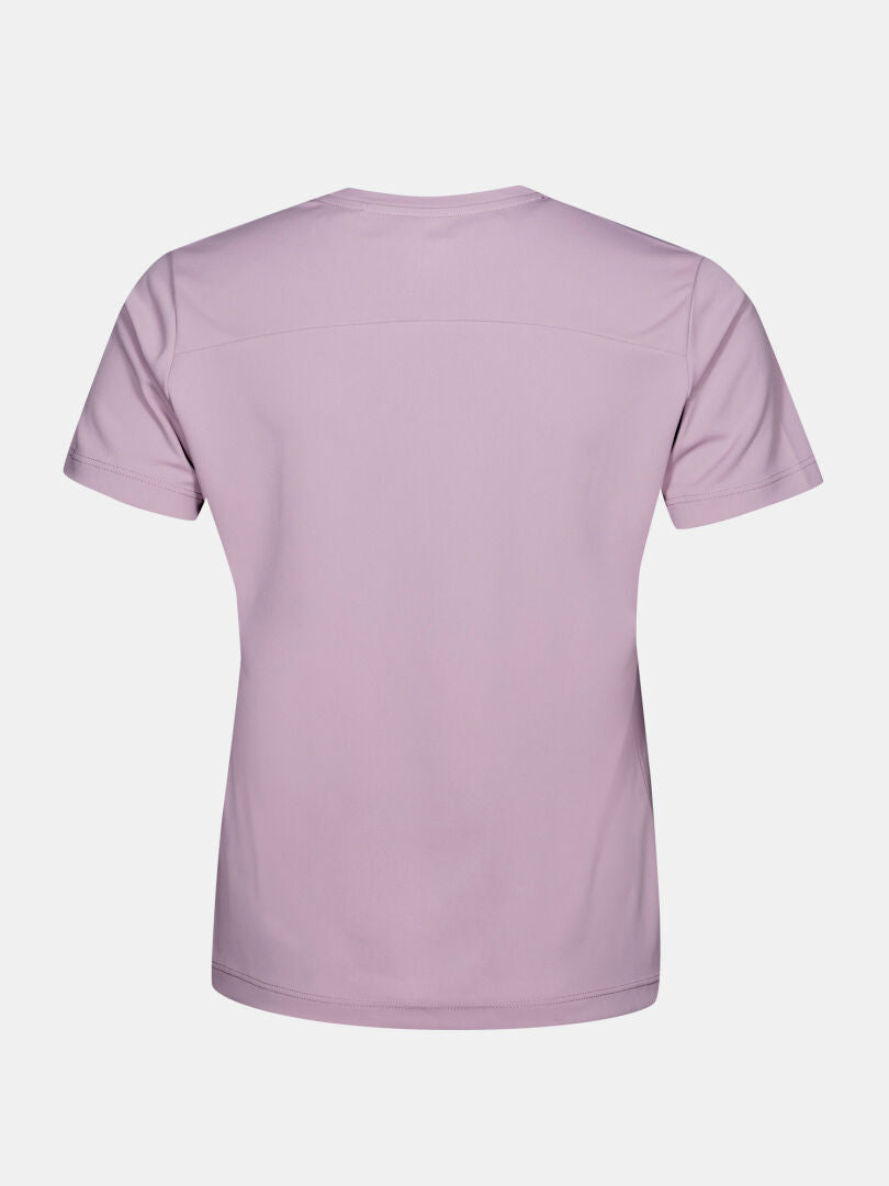 Ein schlichtes hellviolettes Halti Salves T-Shirt Damen aus recyceltem Polyester, von hinten auf weißem Hintergrund.