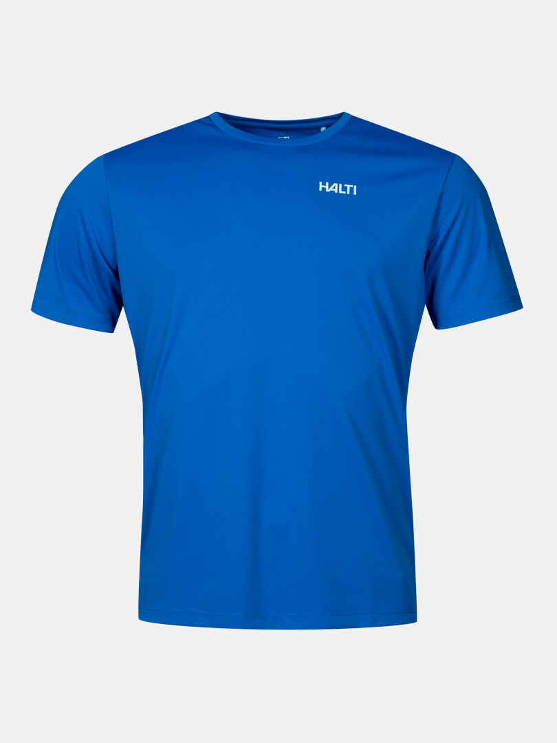 Das Salves T-Shirt Herren von Halti ist blau, atmungsaktiv, aus recyceltem Polyester und trägt ein weißes Logo auf der Brust.