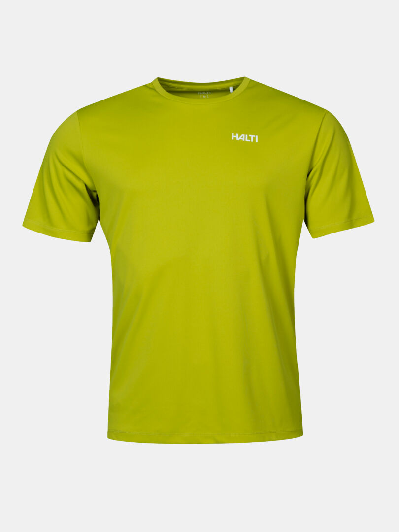 Limonengrünes, atmungsaktives Salves T-Shirt Herren aus recyceltem Polyester mit Halti Logo auf der linken Brust.