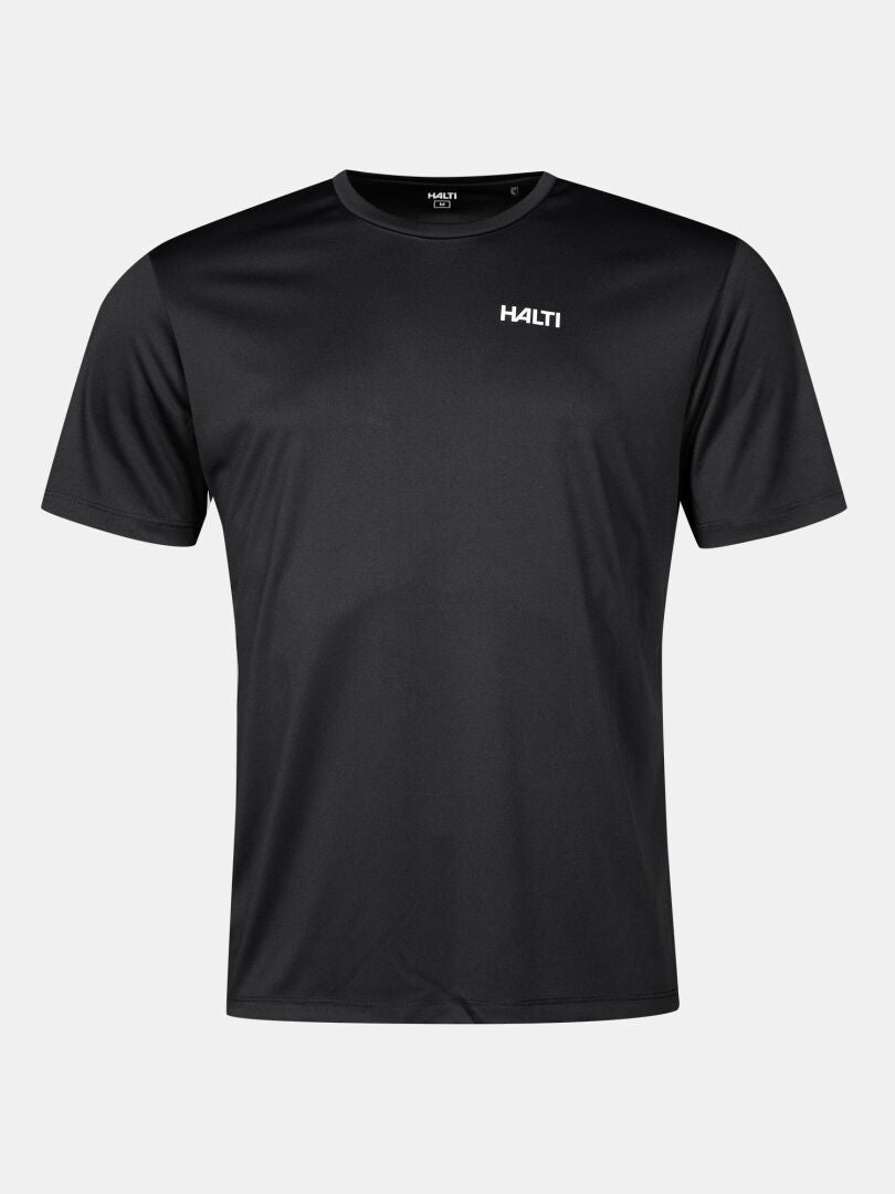 Ein schlichtes schwarzes, atmungsaktives Salves T-Shirt Herren von Halti mit weißem Logo auf der Brust, dargestellt auf grau.