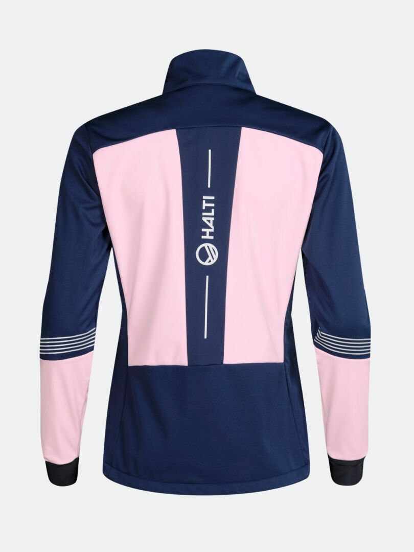 Das Halti Siide Langlaufanzug Set ist eine marine-rosa Langarm-Sportjacke mit weißen Streifen und einem vertikalen Halti-Logo.
