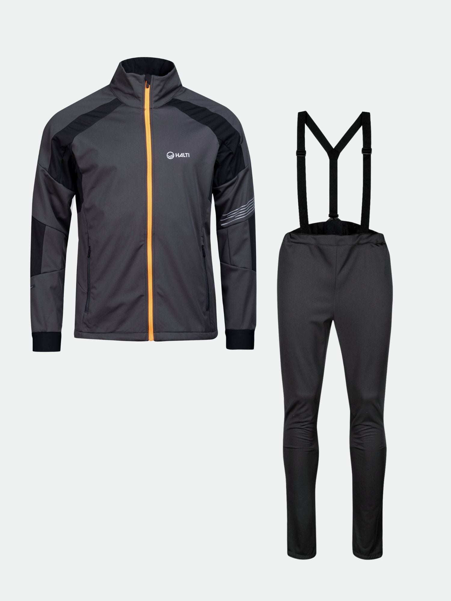 Der Halti Hyyde Langlaufanzug Herren ist ein dunkelgraues Softshell-Set mit orangem Reißverschluss und Hosenträgern für das Wintertraining.
