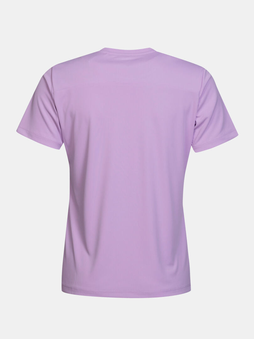 Rückansicht eines kurzärmeligen, lila Halti Funktions-T-Shirts für Damen.
