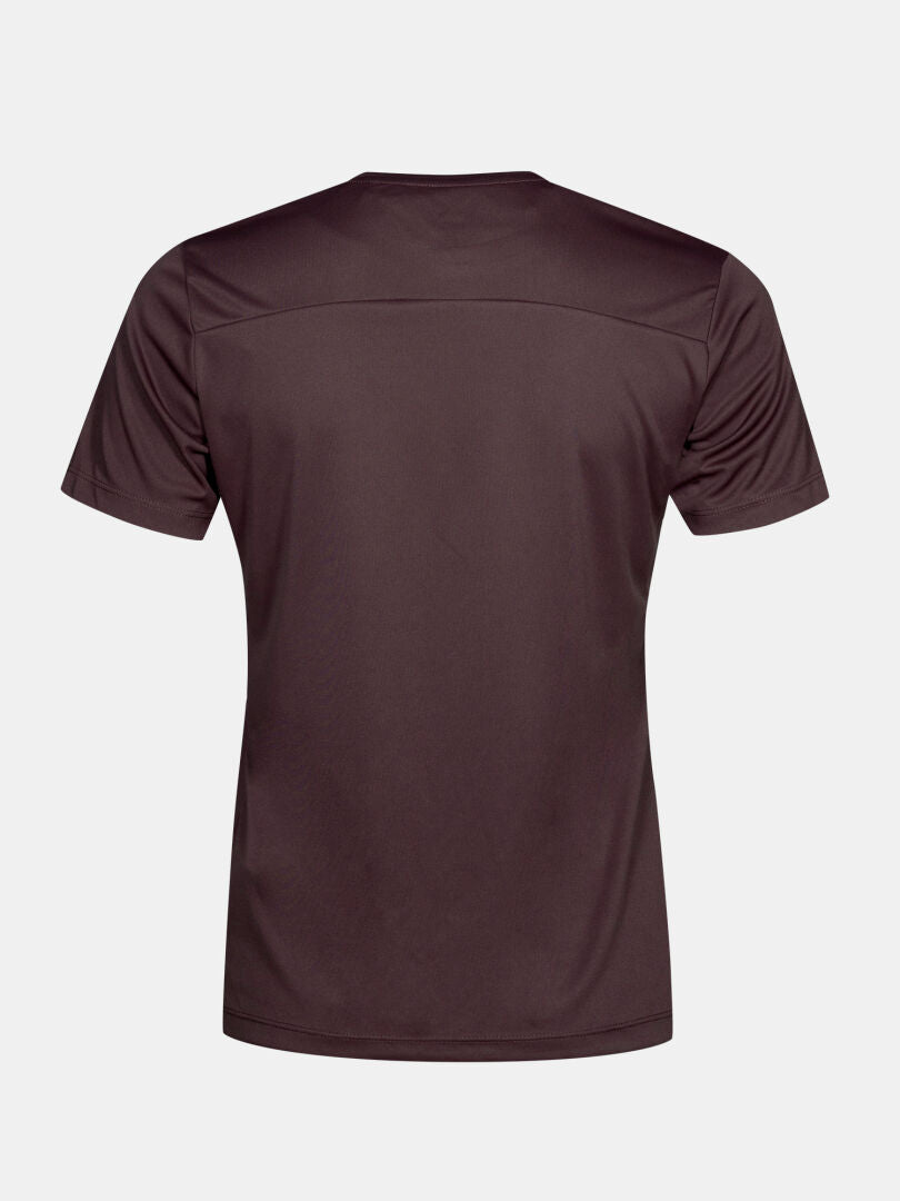 Rückansicht eines schlichten, dunkelvioletten Halti Funktions-T-Shirts für Damen in Größe Plus – ein kurzärmeliges Funktions-T-Shirt aus Funktionsstrick.