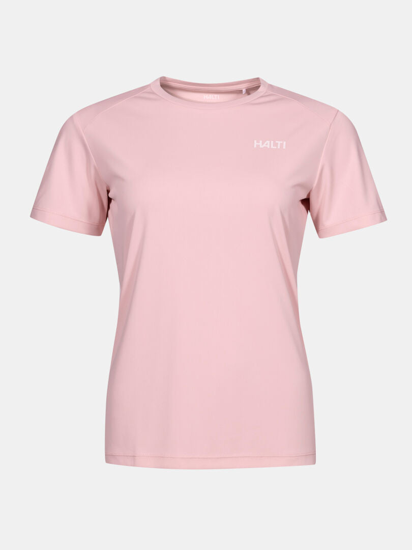 Halti Funktions-T-Shirt Damen Plus: kurzärmeliges, hellrosa T-Shirt aus Funktionsstrick mit einem weißen Logo auf der Brust.