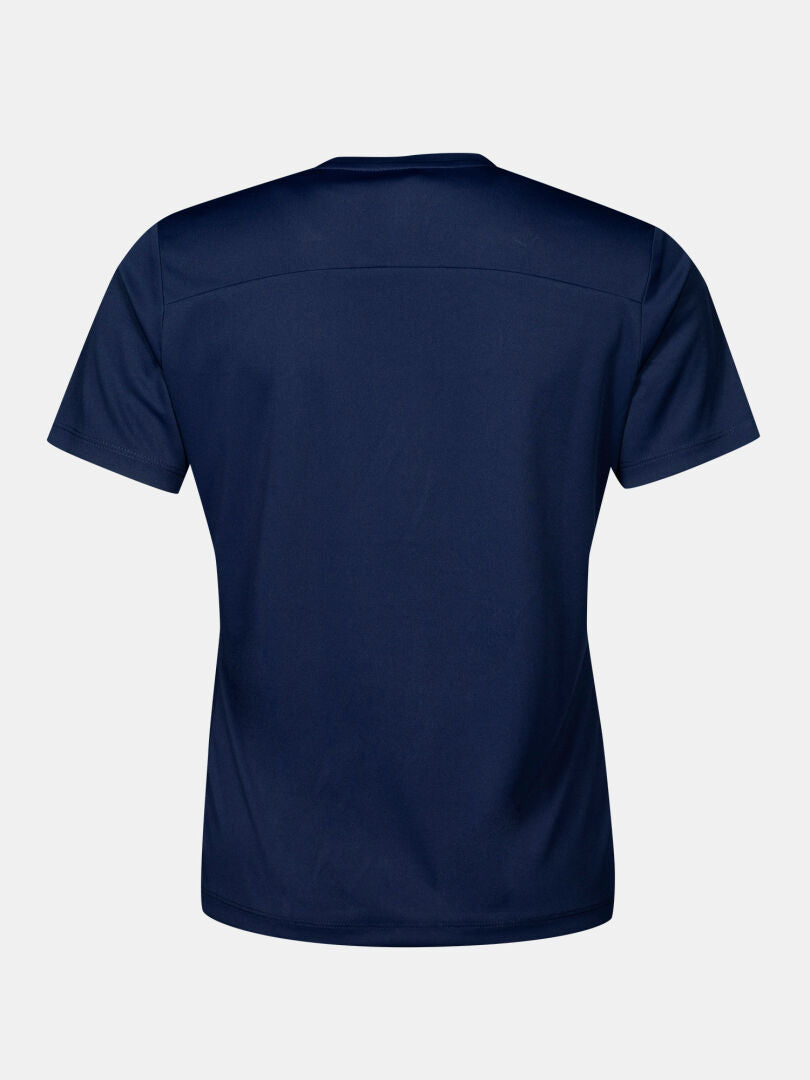 Rückansicht eines schlichten, kurzärmeligen, dunkelblauen Halti Funktions T-Shirt Damen Plus – eines Funktions-Sport-T-Shirts aus Funktionsstrick.