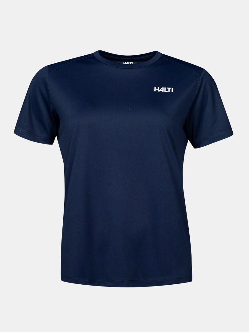 Ein marineblaues, aus Funktionsstrick gefertigtes, kurzärmeliges Halti Funktions-T-Shirt für Damen in Übergrößen.