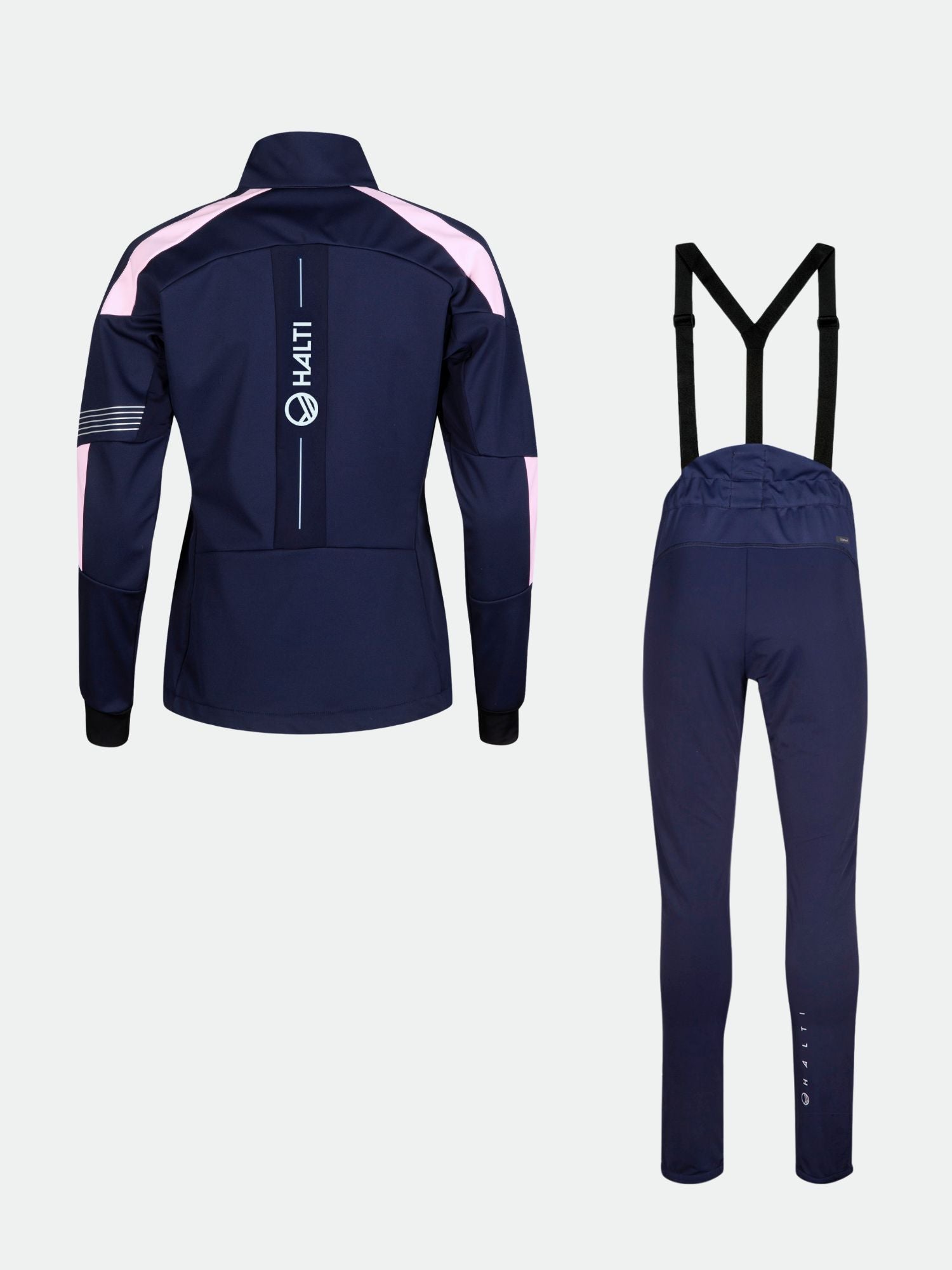 Der Halti Hyyde Langlaufanzug Damen in navy mit rosa Akzenten und Hosenträgern, perfekt für das Wintertraining.
