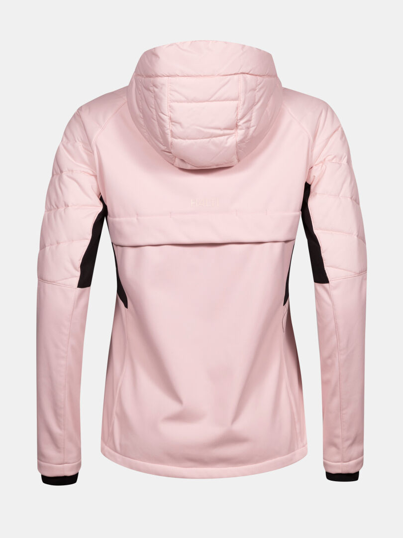 Die Halti Hanki 2 Hybrid Langlaufjacke Damen in hellrosa mit schwarzen Akzenten, abgebildet von hinten auf weiß.