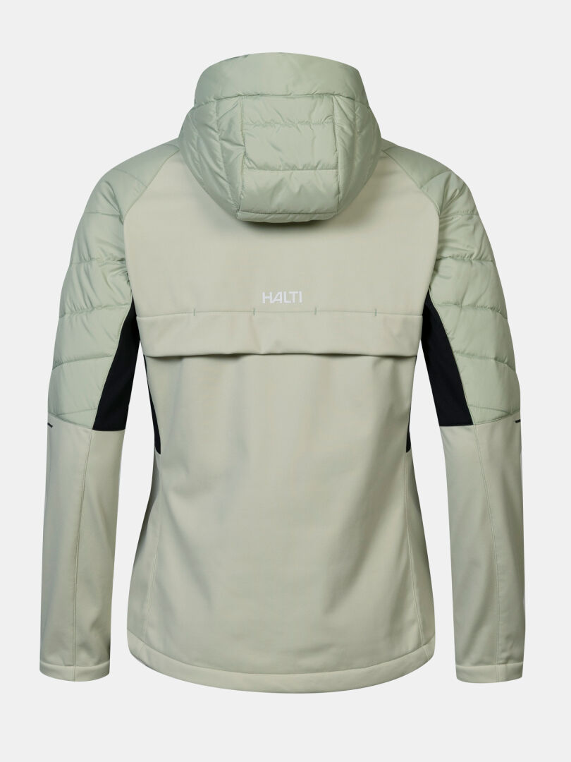 Rückansicht einer hellgrünen Halti Hanki 2 Hybrid Langlaufjacke für Damen mit gesteppten Schultern und schwarzen Seiteneinsätzen.