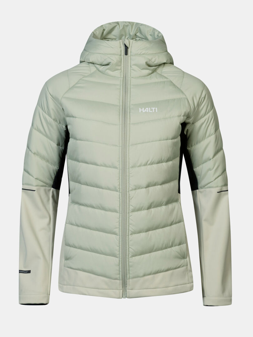 Hellgrüne Halti Hanki 2 Hybrid-Langlaufjacke für Damen – Microtherm®-Hybridjacke mit Kapuze und wasserabweisender Ausrüstung.