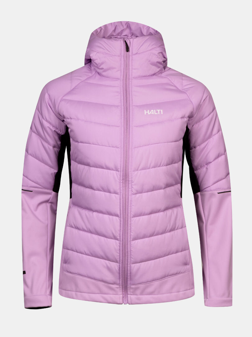 Hellviolette Halti Hanki 2 Hybrid Langlaufjacke für Damen – sportliche Kapuzenjacke mit gesteppter Vorderseite und einfarbigen Seiteneinsätzen.