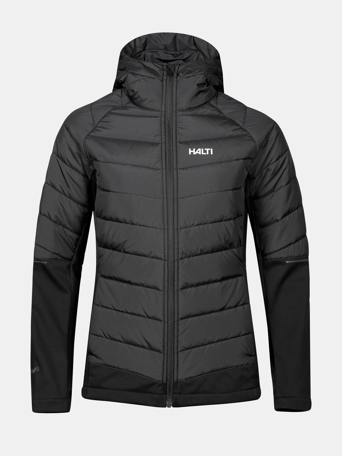 Schwarze Halti Hanki 2 Hybrid-Langlaufjacke für Damen mit Kapuze, wasserabweisender, gesteppter Vorderseite und durchgehendem Reißverschluss.