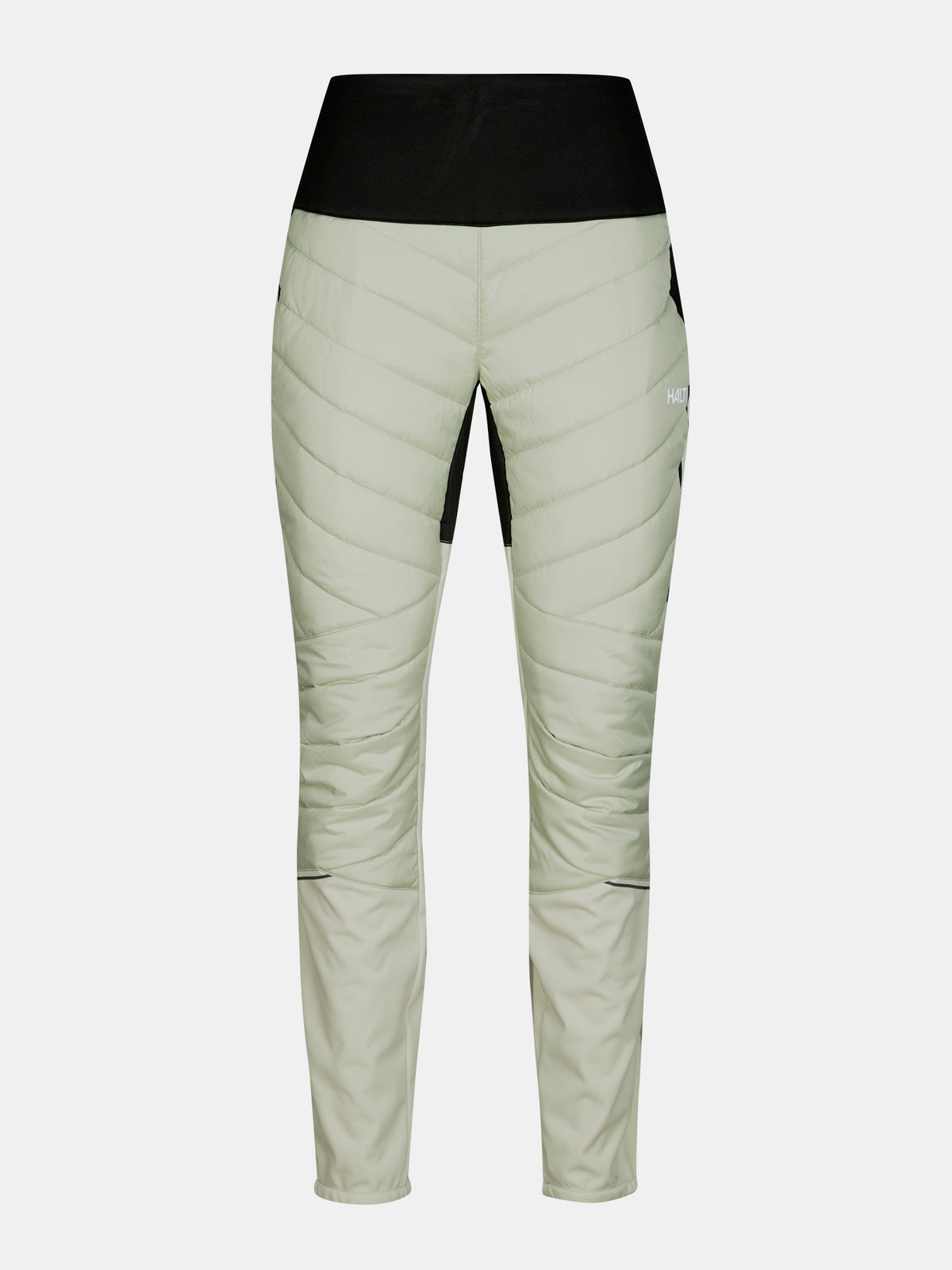 Halti Hanki 2 Hybrid Langlaufhose für Damen in Hellgrün mit schwarzem Bund und Seiteneinsätzen für Winteraktivitäten.