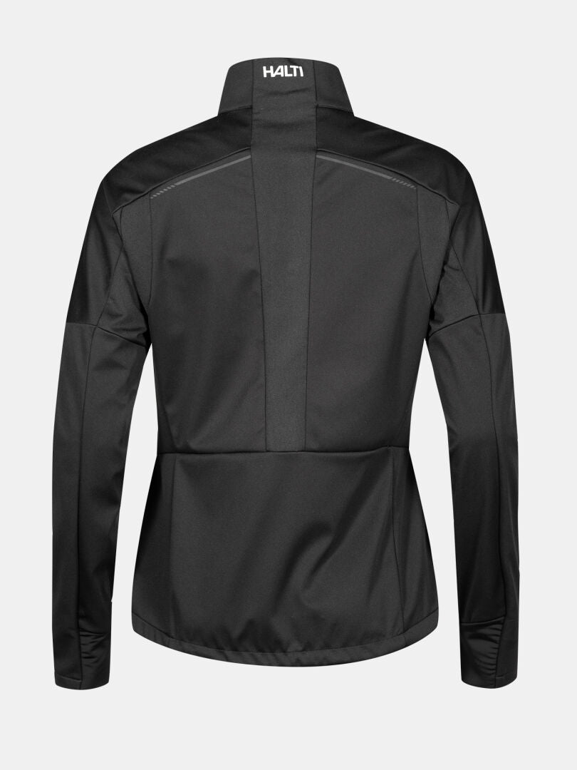 Rückansicht einer schwarzen Halti Framover Hybrid Langlaufjacke Damen mit Logo, ausgestattet mit Microtherm Dynamic Insulation.