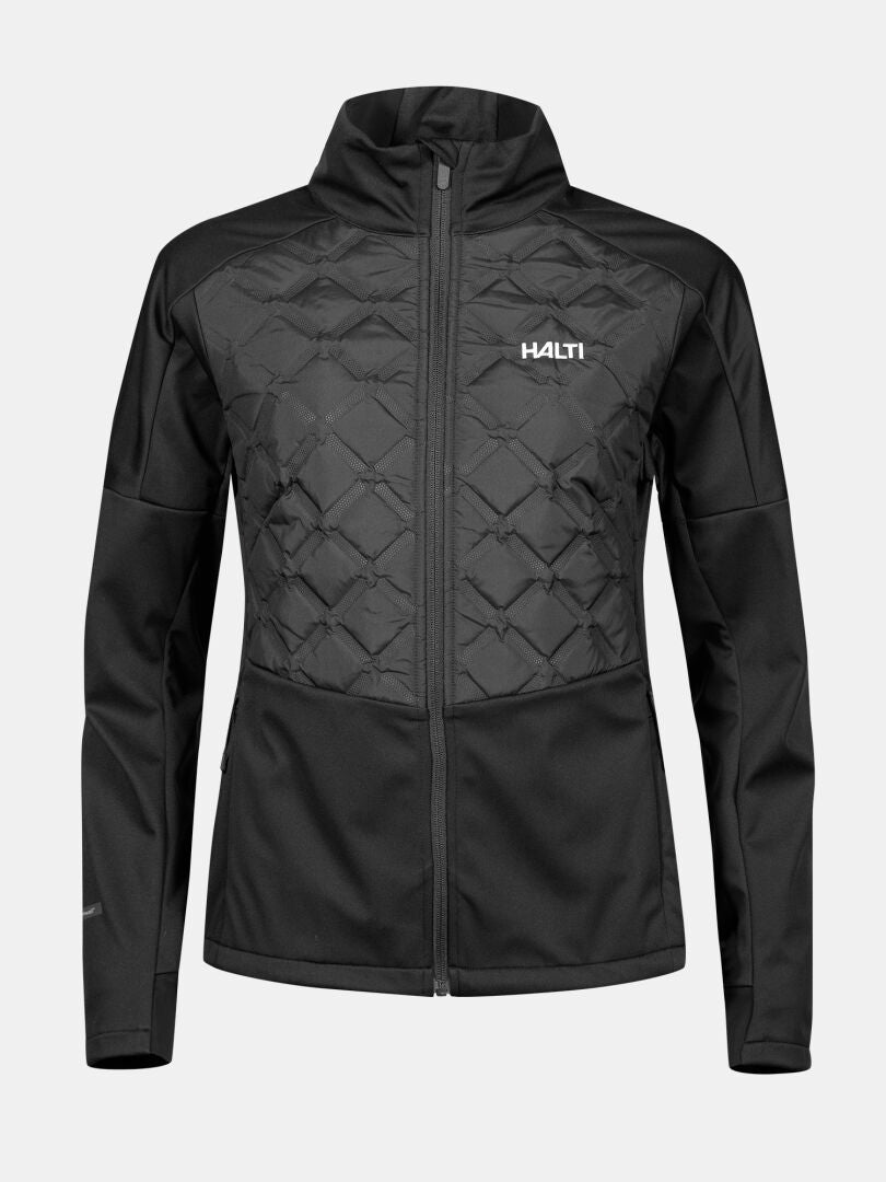 Die Halti Framover Hybrid Langlaufjacke Damen ist schwarz mit gesteppten Einsätzen, Stormwall Softshell und einem hohen Kragen.