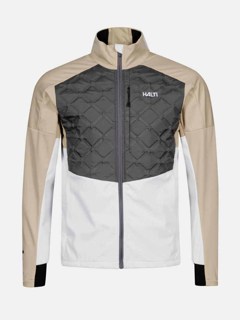 Halti Framover Hybrid Langlaufjacke Herren in beige/weiß/grau mit gesteppter Brust, ideal für Wintertraining oder Skilanglauf.