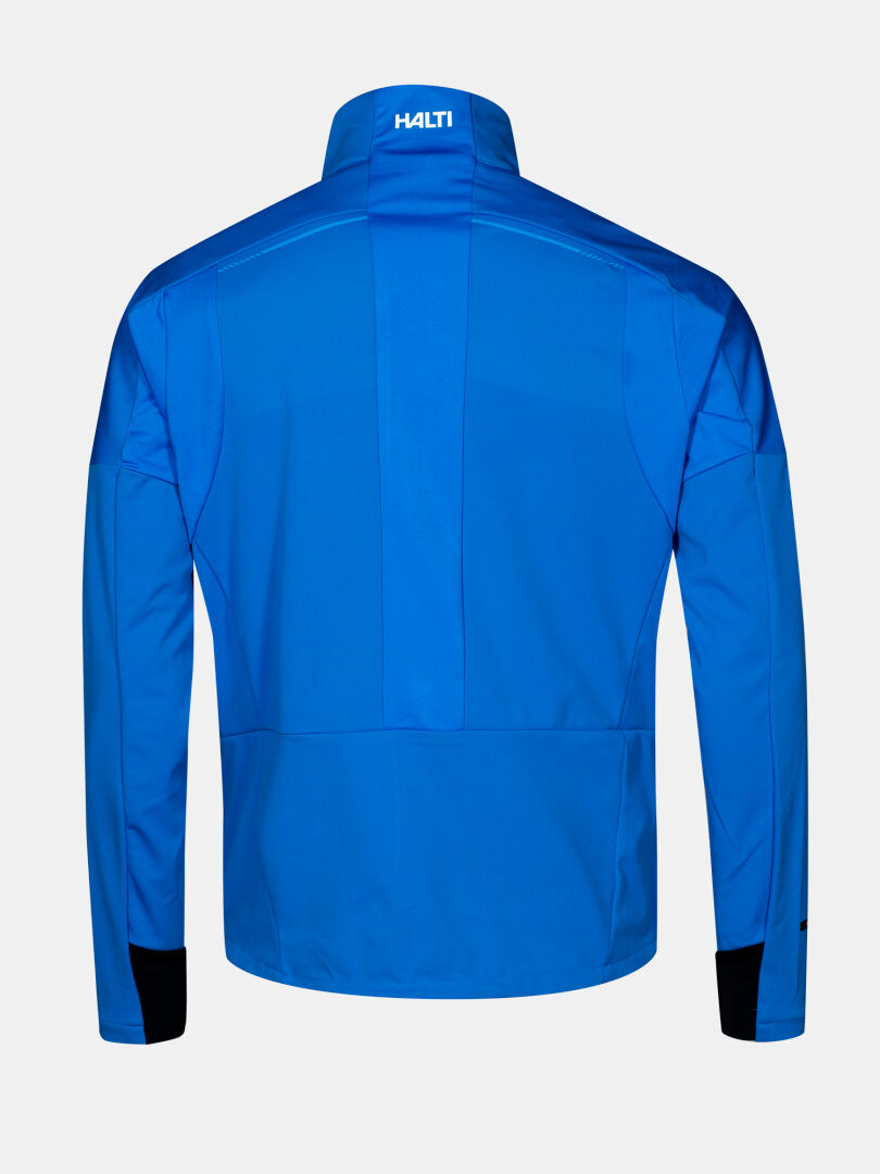 Die Framover Hybrid Langlaufjacke Herren von Halti ist eine hellblaue Jacke mit hohem Kragen und schwarzen Bündchen, ideal für den Skilanglauf.