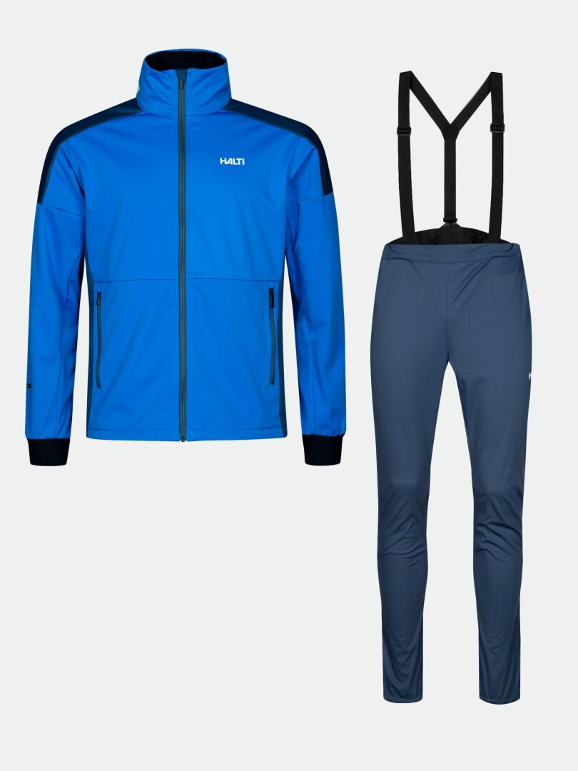 Ein blauer Halti Huuru Langlaufanzug Herren Anzug mit schwarzen Akzenten und passender blauer Hose mit Hosenträgern.