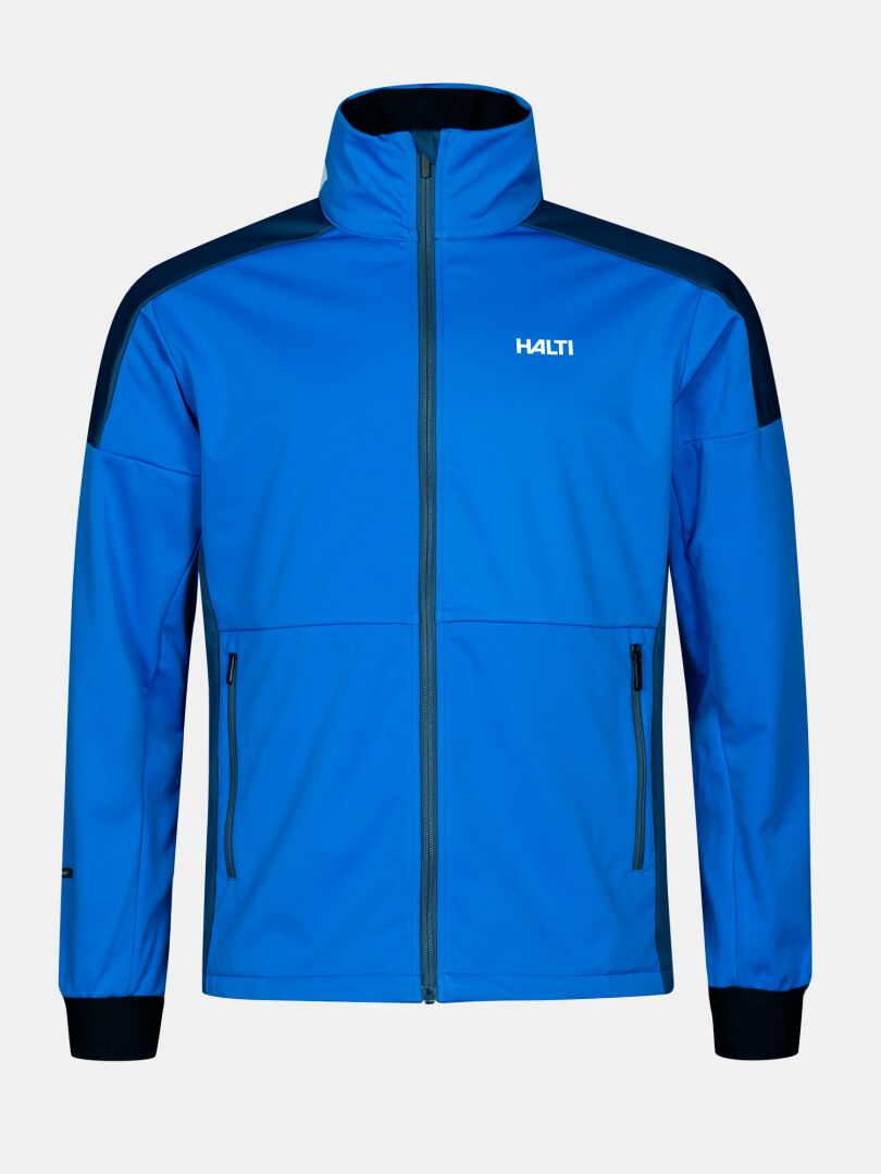 Eine blaue Halti Huuru Langlaufanzug Herren Zip-Up Jacke mit schwarzen Akzenten, Fronttaschen und Logo auf der linken Brust.