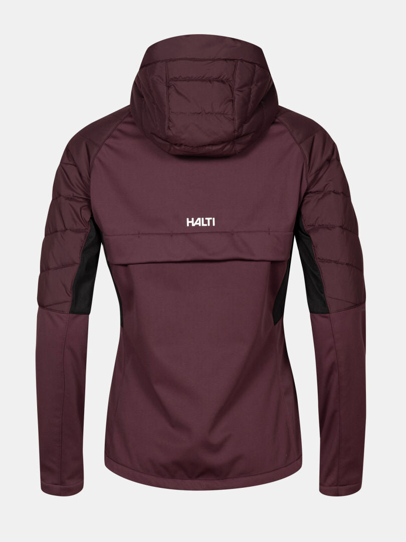 Eine kastanienbraune Halti Hanki 2 Hybrid Langlaufjacke Damen Plus mit schwarzen Einsätzen und gesteppten Ärmeln, hergestellt aus recyceltem Microtherm.