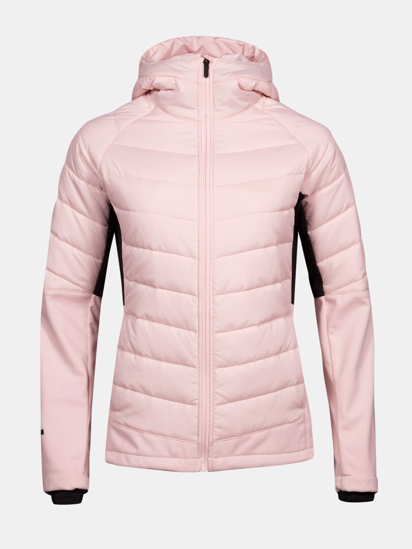 Die Halti Hanki 2 Hybrid Langlaufjacke Damen Plus ist hellrosa mit schwarzen Innenärmeln und einem Frontreißverschluss.