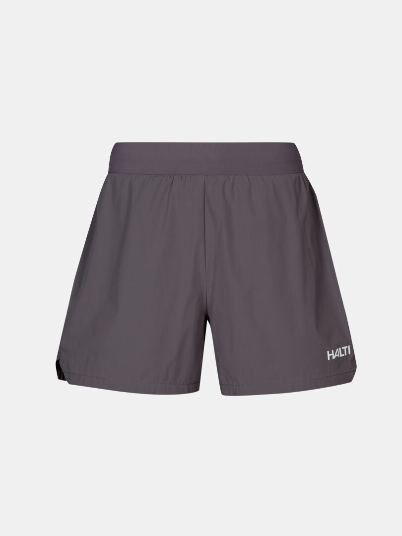 Halti Uurto Shorts Damen in grau, feuchtigkeitsableitend mit elastischem Bund und Logo, abgebildet auf weißem Hintergrund.