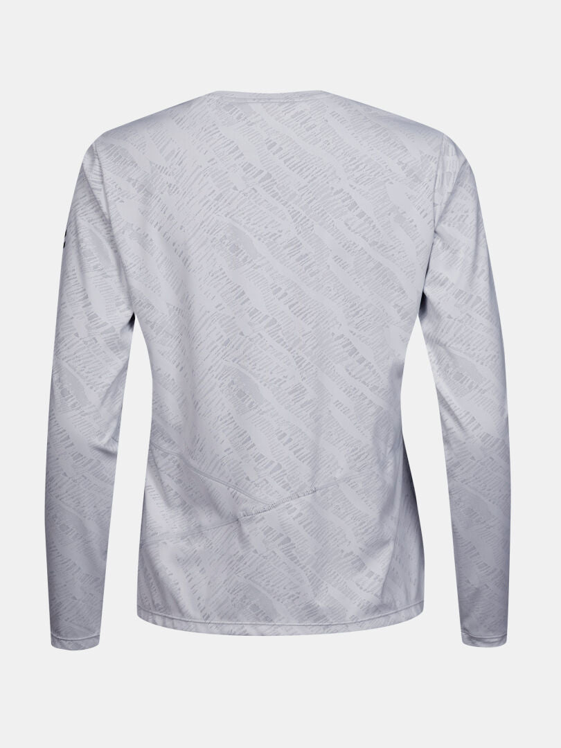 Das Halti Oulanka Trainingsshirt Damen in Hellgrau zeichnet sich durch ein dezentes Diagonalmuster und Feuchtigkeitsmanagement aus, Rückansicht.