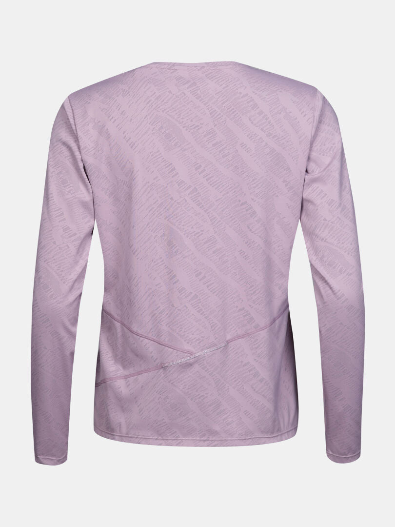 Das Halti Oulanka Trainingsshirt Damen in lavendel, langärmelig mit UPF 50+, von hinten auf einfarbigem Hintergrund dargestellt.
