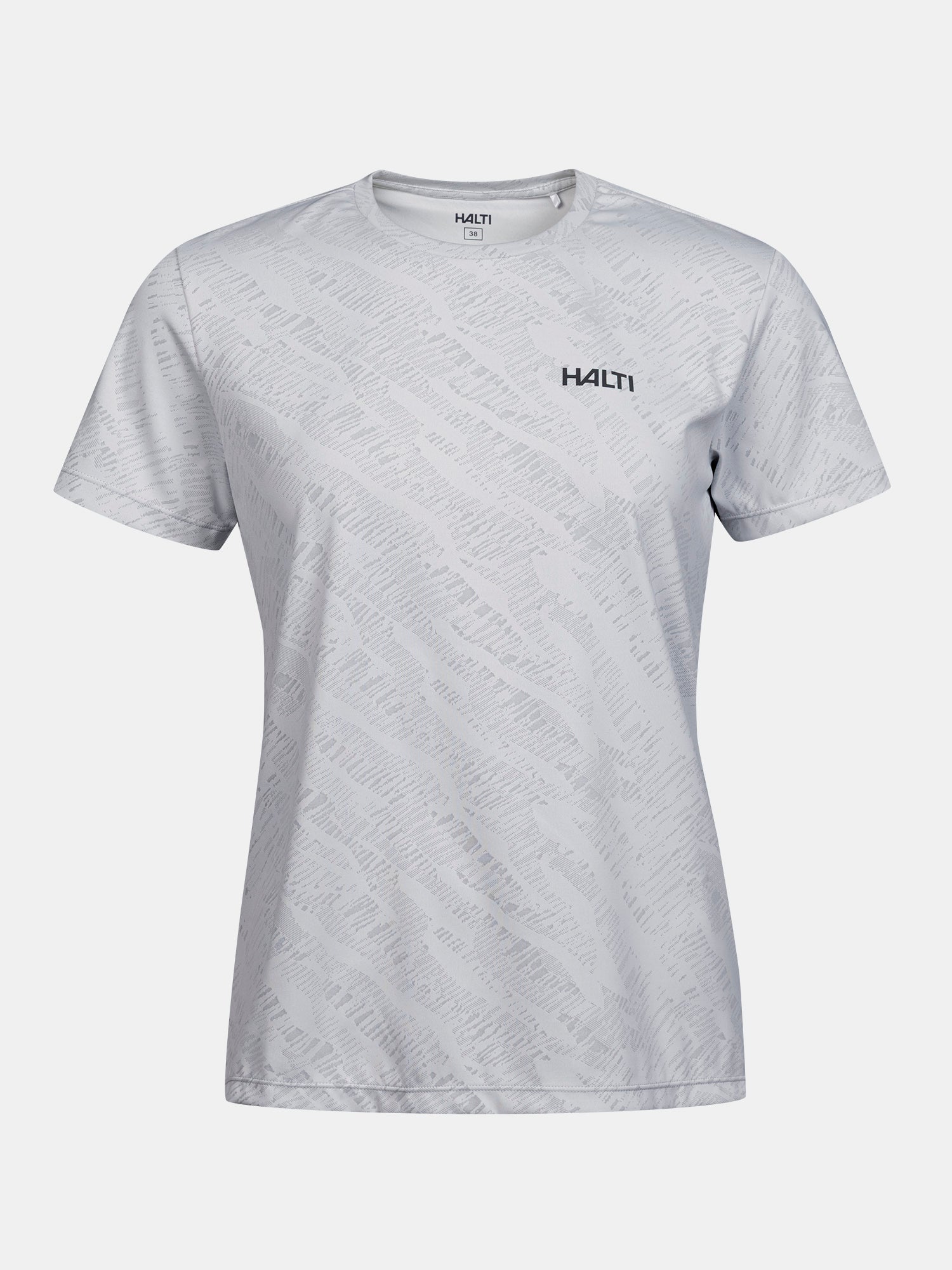 Hellgraues Halti Oulanka Damen T-Shirt mit dezentem Muster und Logo, ideal für das Training im Freien.