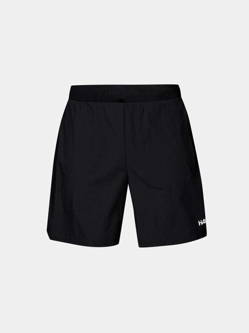 Halti Uurto Shorts Herren: schwarz, elastischer Bund, feuchtigkeitsableitend & kleines weißes Logo am unteren linken Bein.