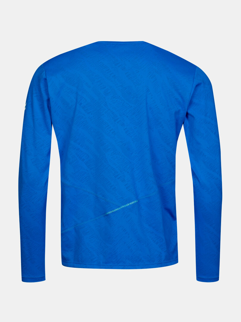 Eine Rückenansicht des Halti Oulanka Trainingsshirt Herren in blau mit UPF 50+ ist auf einem schlichten weißen Hintergrund abgebildet.