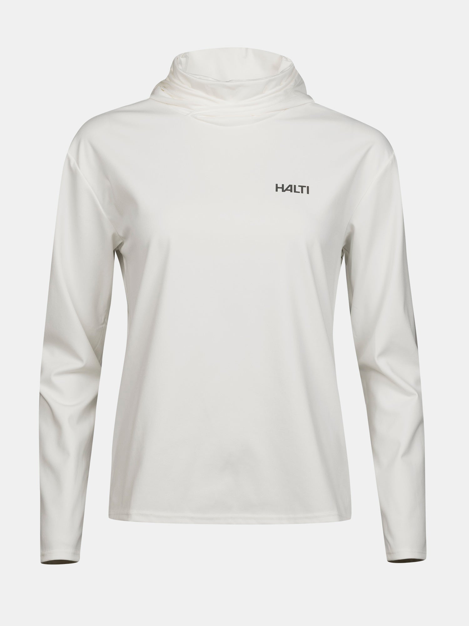 Der Halti Kaltio Trainingshoodie für Damen ist ein weißer Langarm-Hoodie mit hohem Kragen, der sich ideal für das Training im Freien eignet.