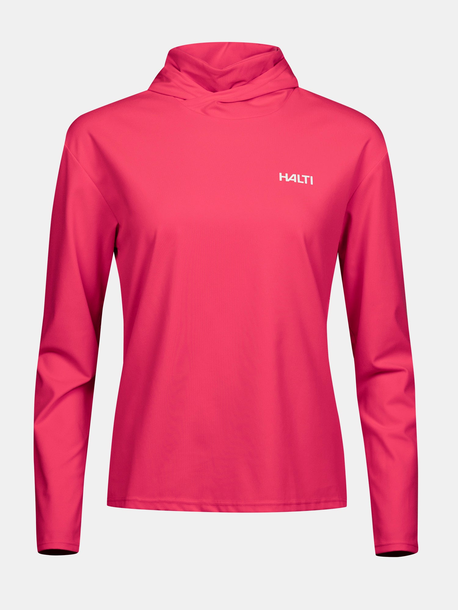 Der Halti Kaltio Trainingshoodie für Damen ist ein leuchtend pinkfarbener Langarm-Hoodie mit hohem Kragen – ideal für das Training im Freien.